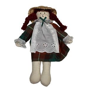 Vintage Handmade Rag Doll Plaid Dress Red Hair & Hat